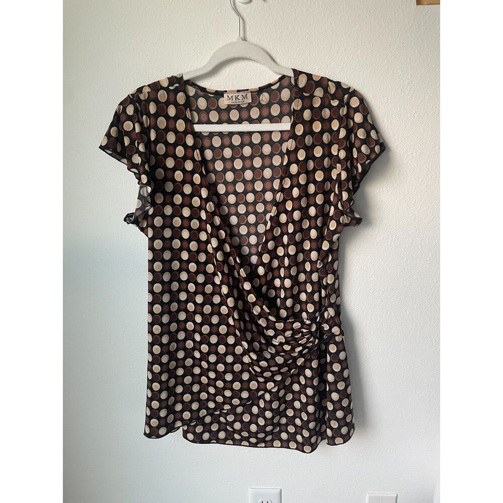 Vintage Y2K MKM Designs Brown Polka Dot Wrap Top Ruched Flutter Sleeve
